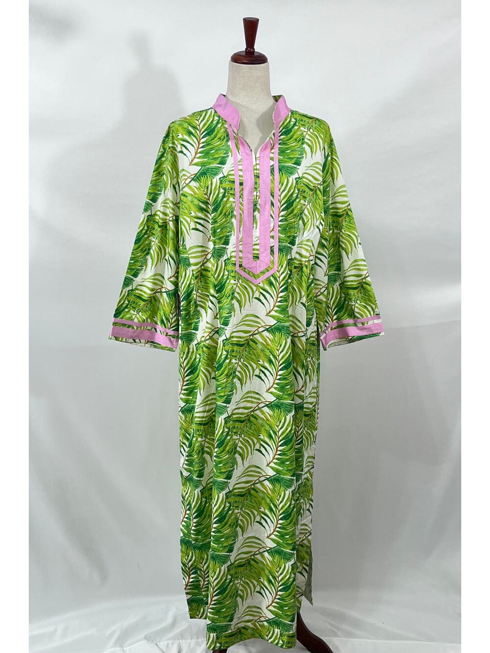 NICOBLU Sz 1x Capri Green Palm Tree Print Tunic Caftan Maxi Dress NWT